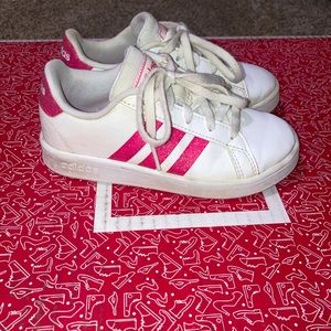 Little girl Adidas pink and white sneakers